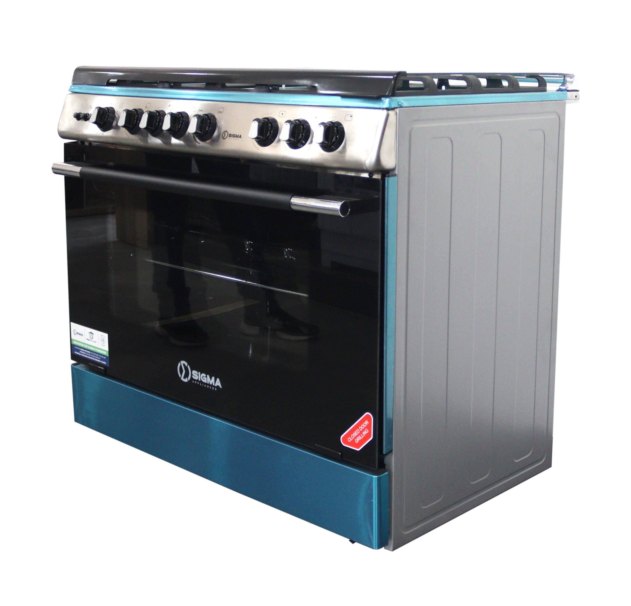 Angled view of the cooker with the door closed, showing the stainless steel control panel and its row of black knobs above the black glass door
