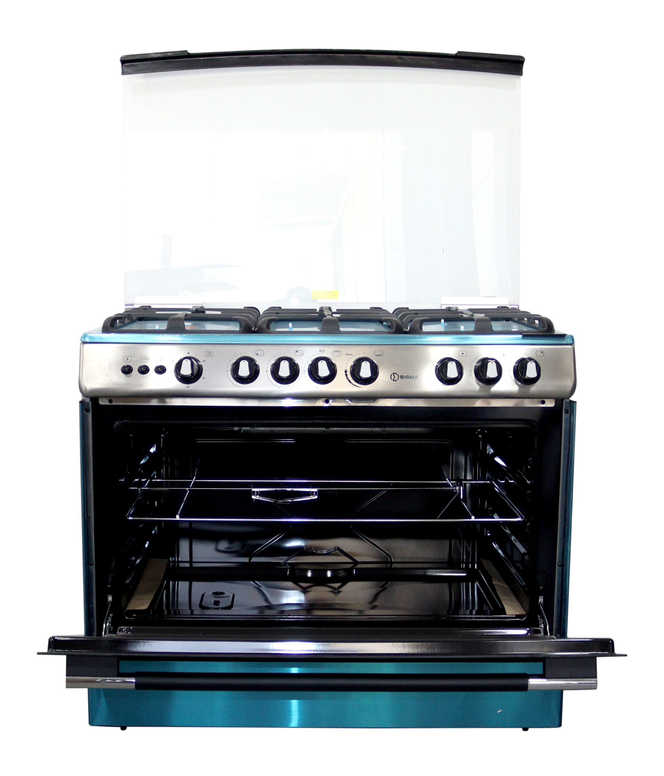 Front view of the Sigma cooker with the oven door dropped open, showing two wire shelves and a tray in the black cavity, and the glass panel raised behind the five burner hob