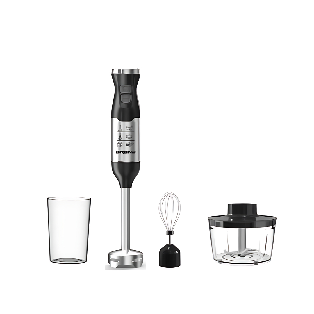 Black and stainless steel Sigma hand blender standing upright beside a clear beaker, a wire whisk attachment and a clear chopper bowl with a black lid