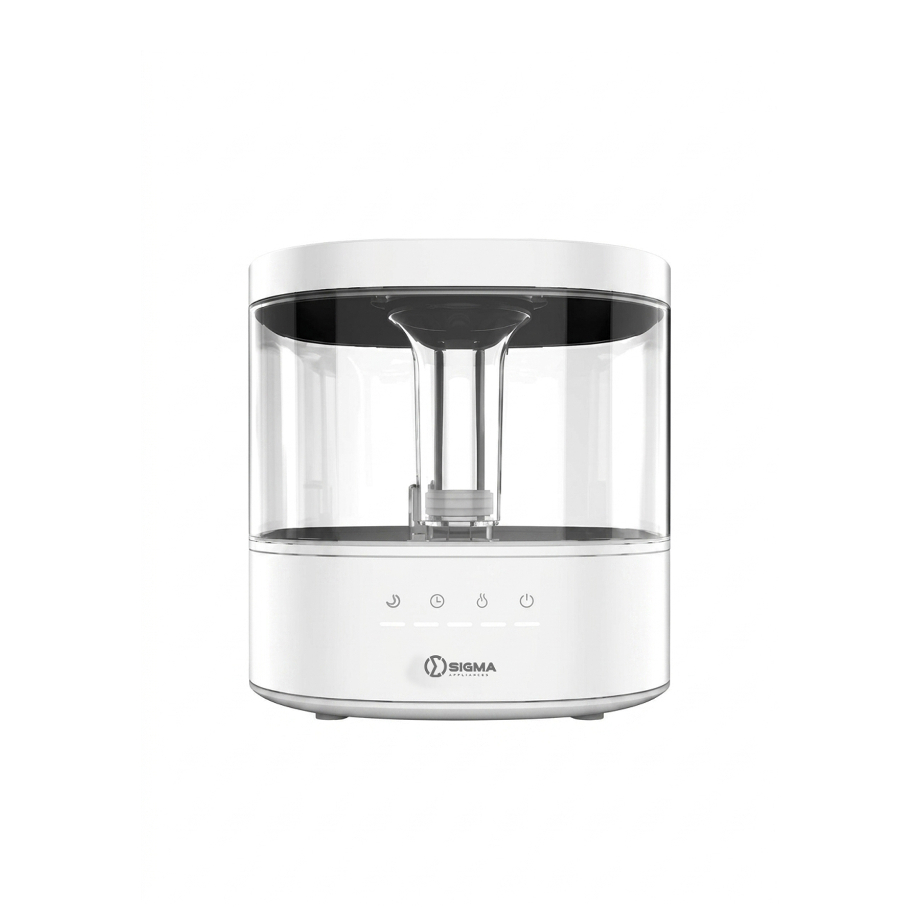 Sigma SHF1408-GS humidifier in white with a clear cylindrical water tank and four touch icons on the front of the base