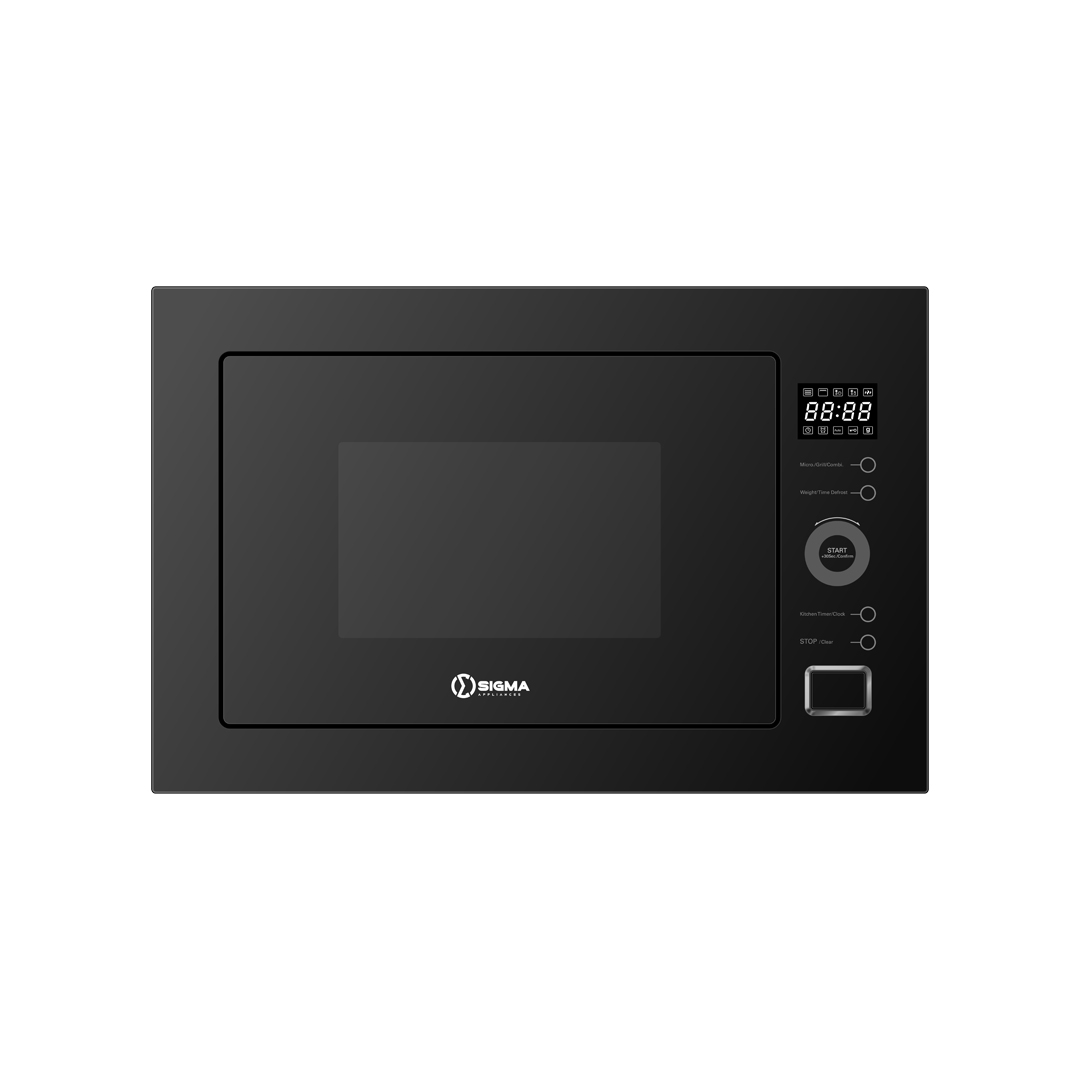 Front view of the Sigma SIG-BIMW25G-8C built-in microwave in all black glass with a mirror finish, an LED display, touch pads labelled Micro./Grill/Comb., Weight/Time Defrost, Kitchen Timer/Clock and Stop/Clear, a Start/30Sec/Confirm dial and the Sigma Appliances logo on the door