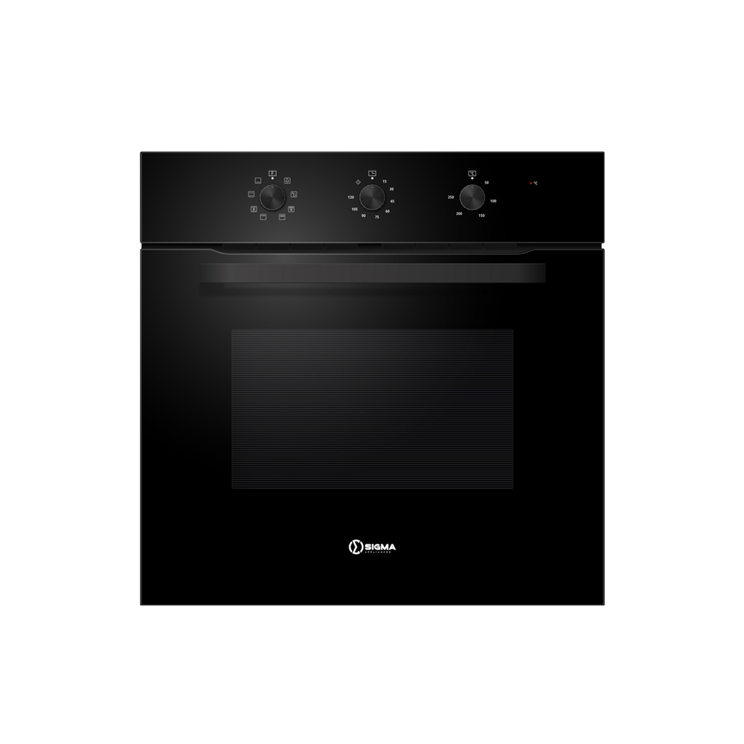 Front view of the Sigma built-in oven in black mirror glass with three control knobs above the door and a wide handle