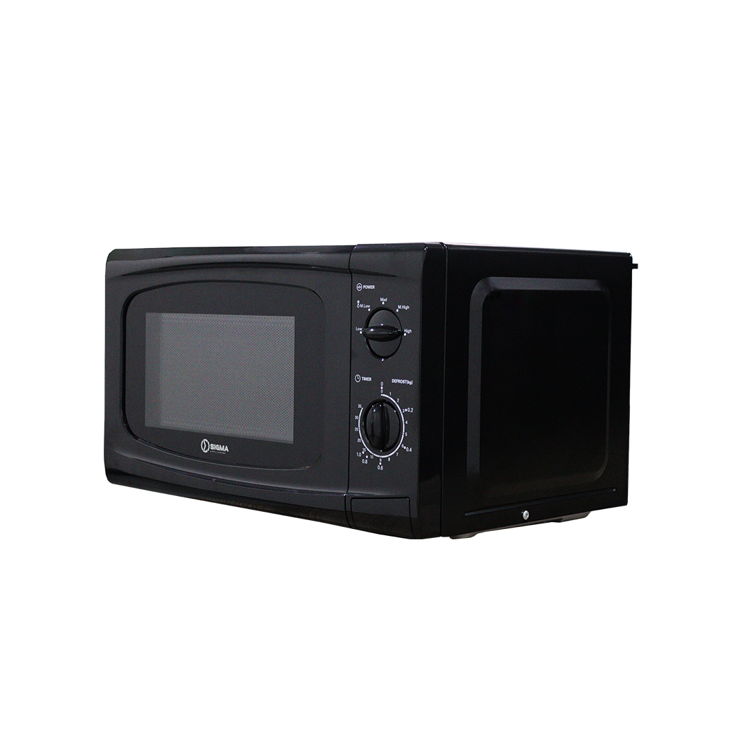 Black Sigma SIG-MW20-B microwave photographed at an angle, showing the mesh door window and two control knobs marked POWER and TIMER