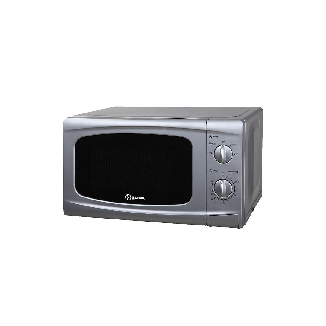 Silver Sigma SIG-MW20-S microwave seen from the front and side, with a dark glass door and two control knobs on the right marked POWER and TIMER