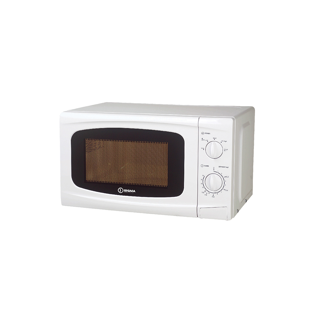 White Sigma microwave seen from a front angle, with a tinted door window and two round control dials to the right of the door