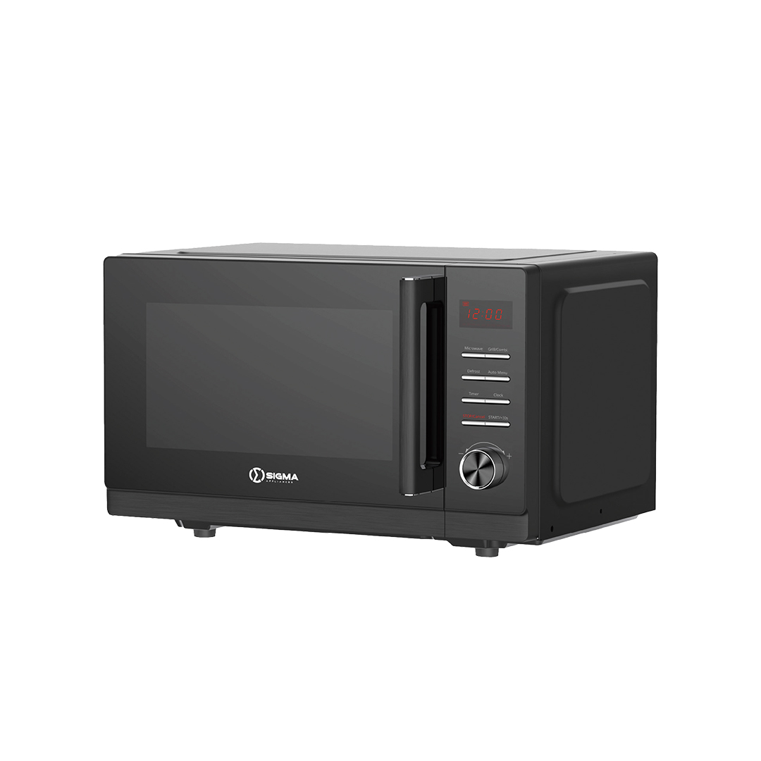 Black Sigma SIG-MW25G-B microwave seen from a front angle, showing the dark glass door, vertical bar handle, red LED display reading 12:00, a column of buttons and a rotary dial