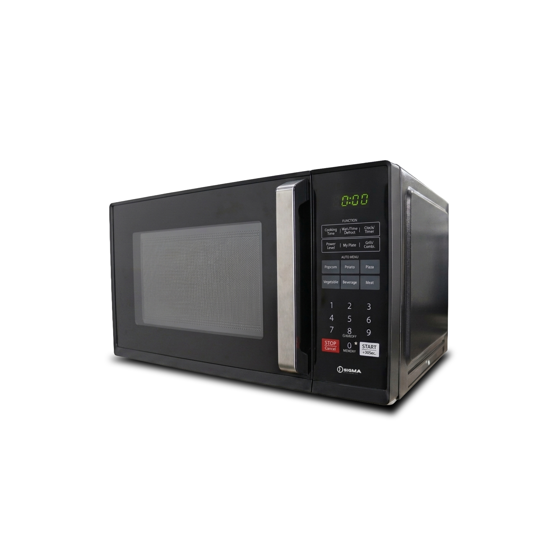Black Sigma microwave photographed from the front left, with a brushed metal bar handle, a green LED display reading 0:00, function keys, an auto menu grid and a number pad