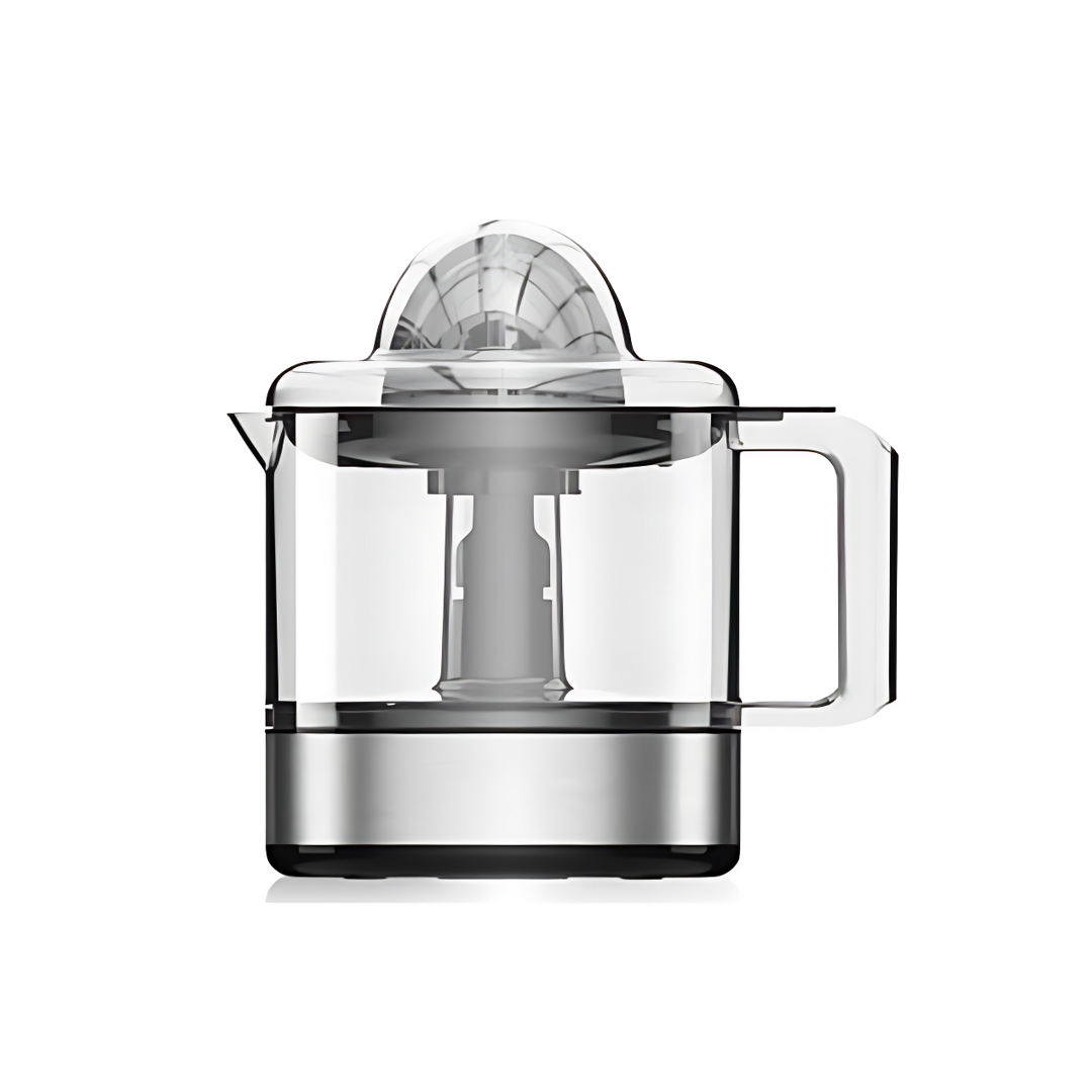 Sigma citrus juicer with a clear jug, a clear reaming cone on top and a silver and black base