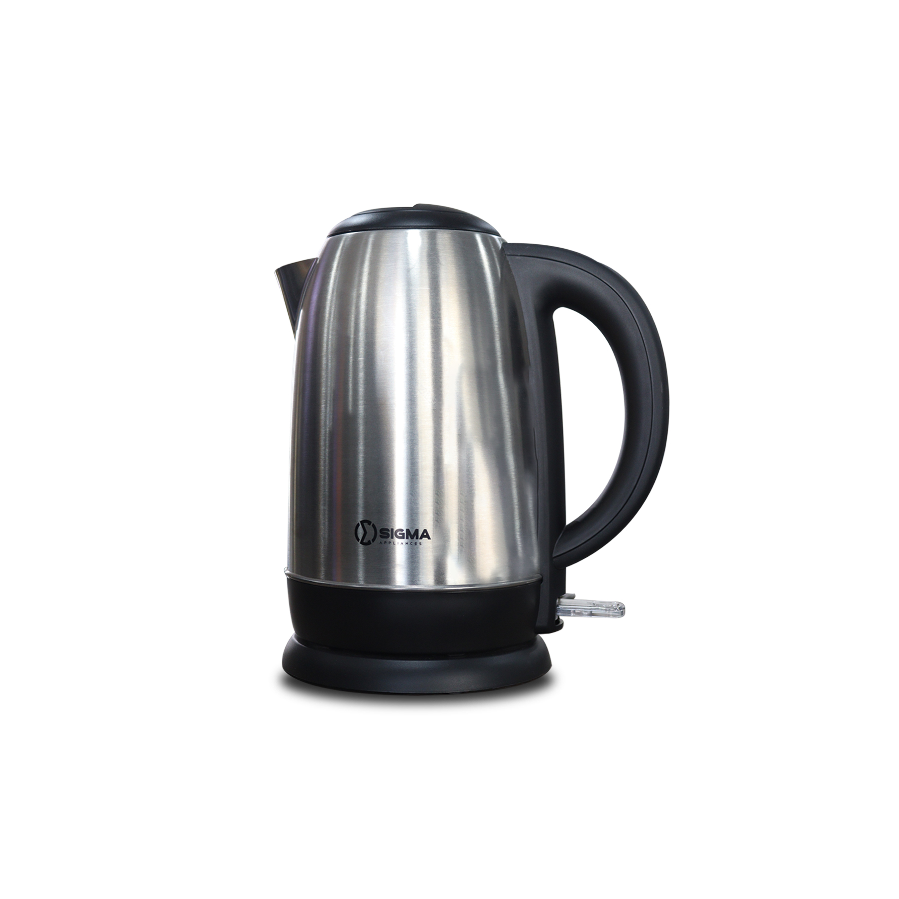 Sigma SKE0A403-CB stainless steel kettle standing on its round black power base, side view showing the spout, black lid and curved handle