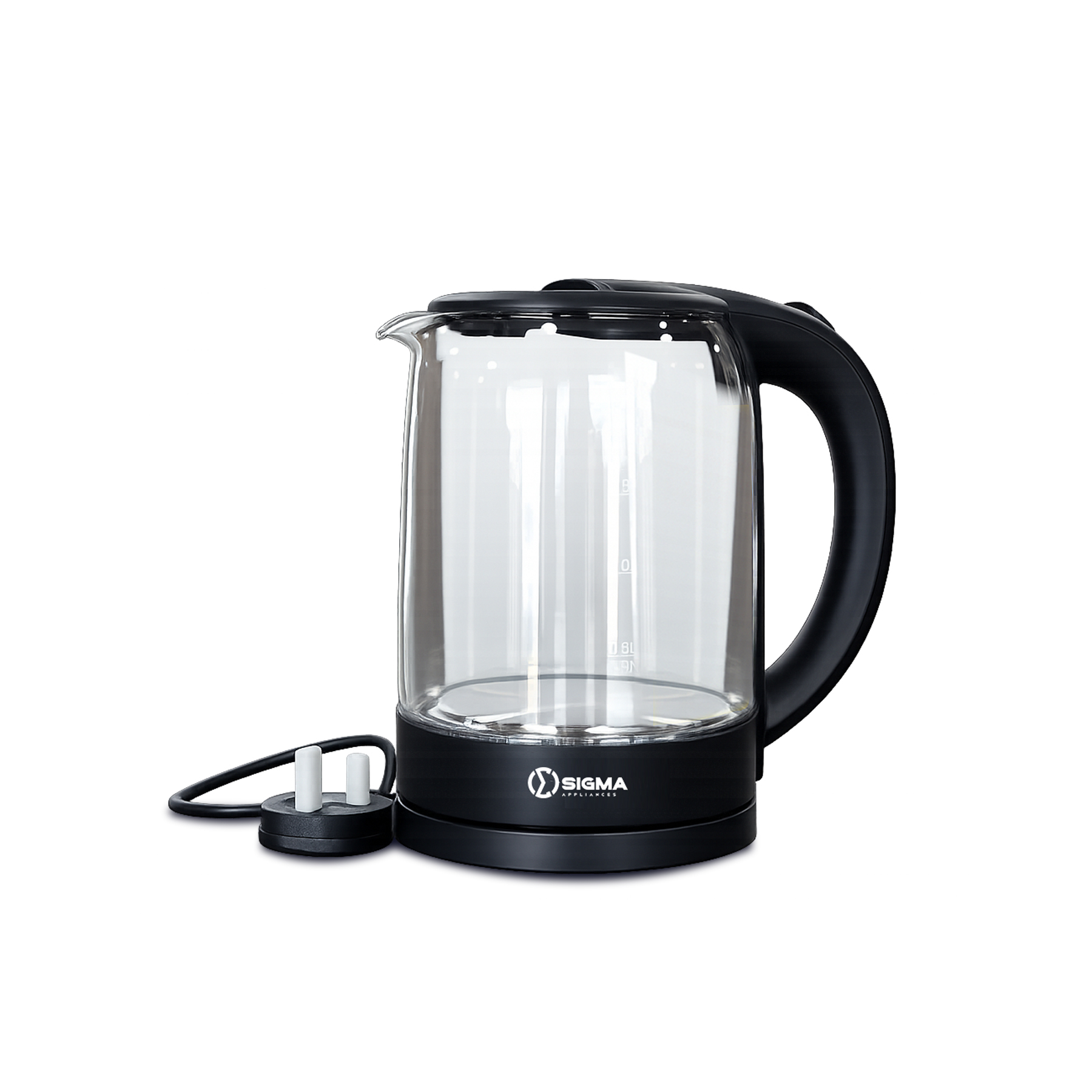 Sigma glass kettle with clear body, black lid, handle and base, shown next to its cord and three pin plug