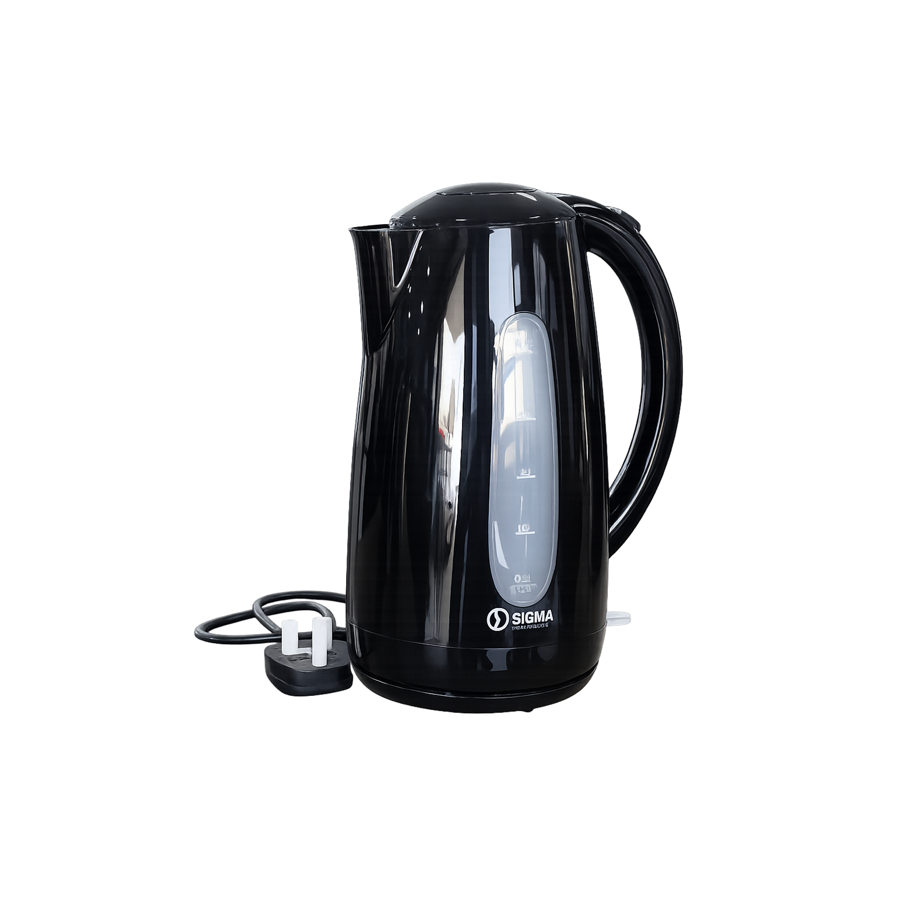 Sigma SKEPS3016-CB black plastic electric kettle on its base, with the water window on the side and a three pin plug on the cord