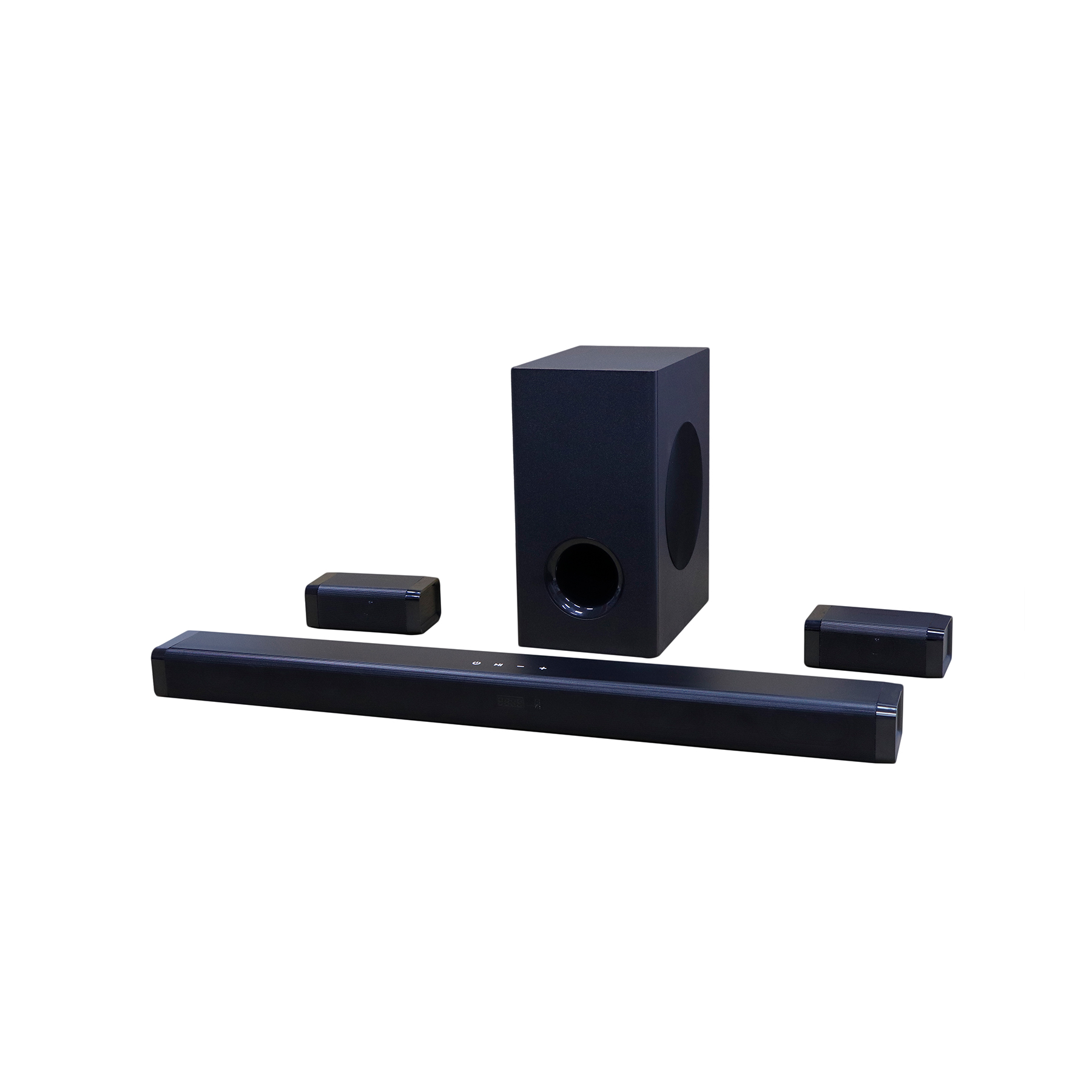 Black Sigma soundbar with a tall rectangular subwoofer behind it and two small satellite speakers either side, on a white background