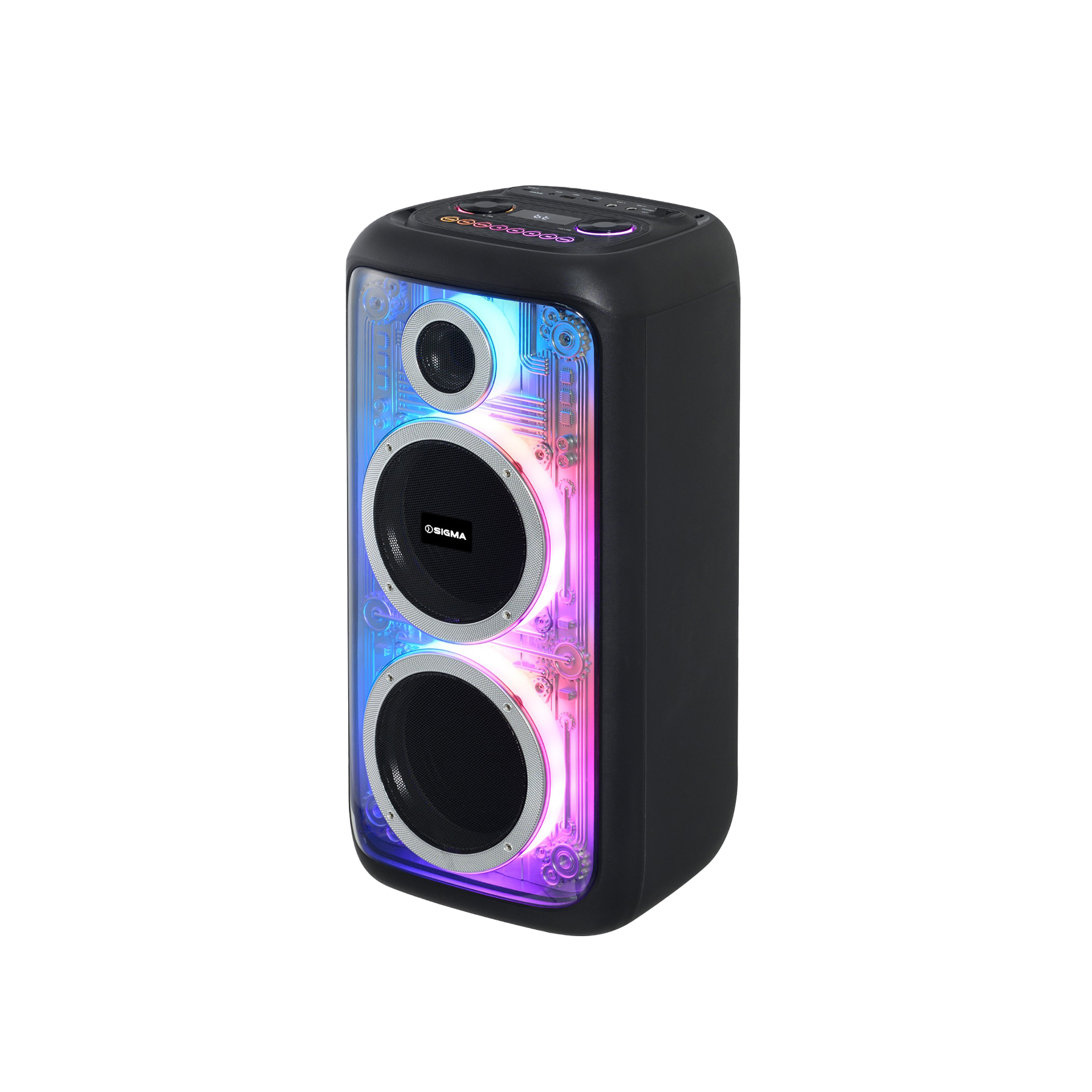 Sigma party speaker seen at an angle, black cabinet with a lit front panel holding a small tweeter above two large drivers, and a control panel on the top face