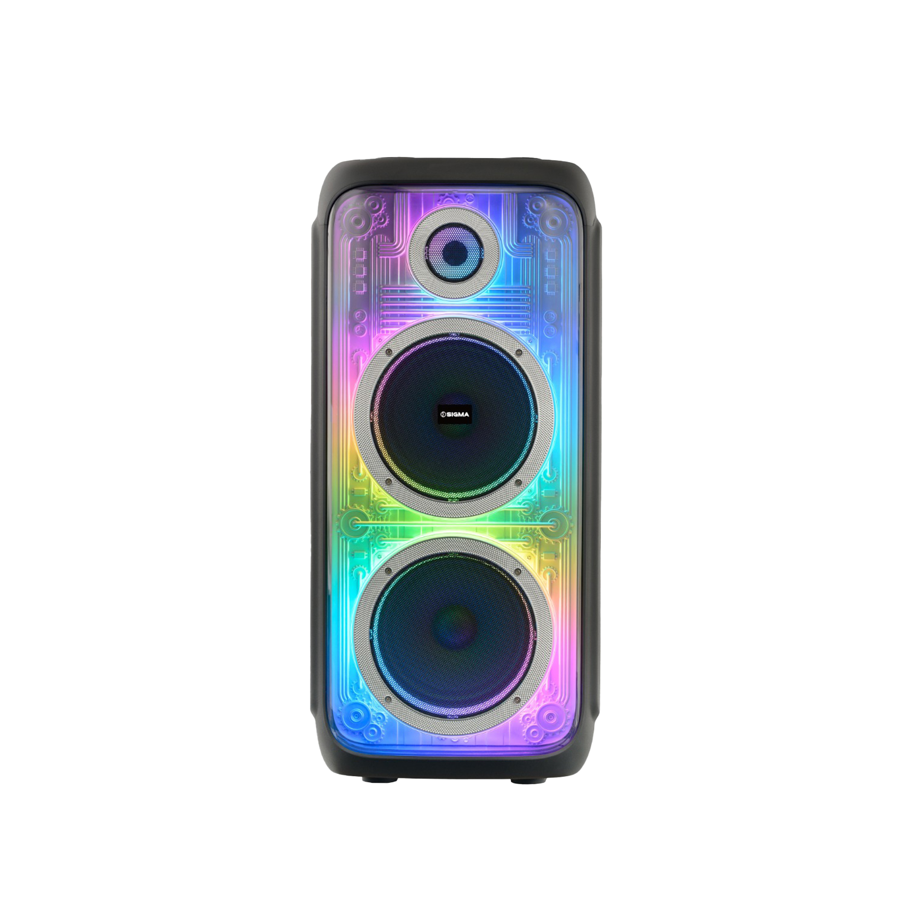 Front view of the speaker with the entire front panel lit in rainbow colours, showing the tweeter above two large drivers
