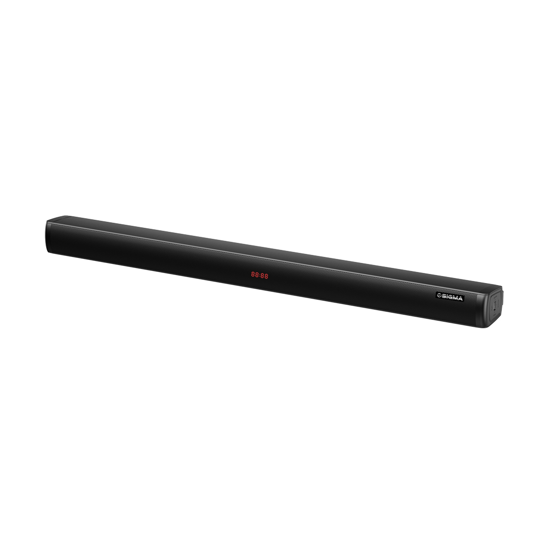 Black Sigma sound bar at an angle, showing the mesh front grille, red LED digits in the centre and the Sigma badge near the right end