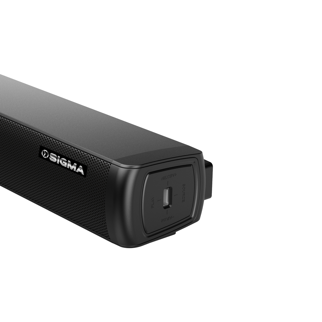 Close-up of the right end of the sound bar showing the Sigma logo, a USB socket and a control marked PLAY, SOURCE, NEXT/V+ and PREV/V-
