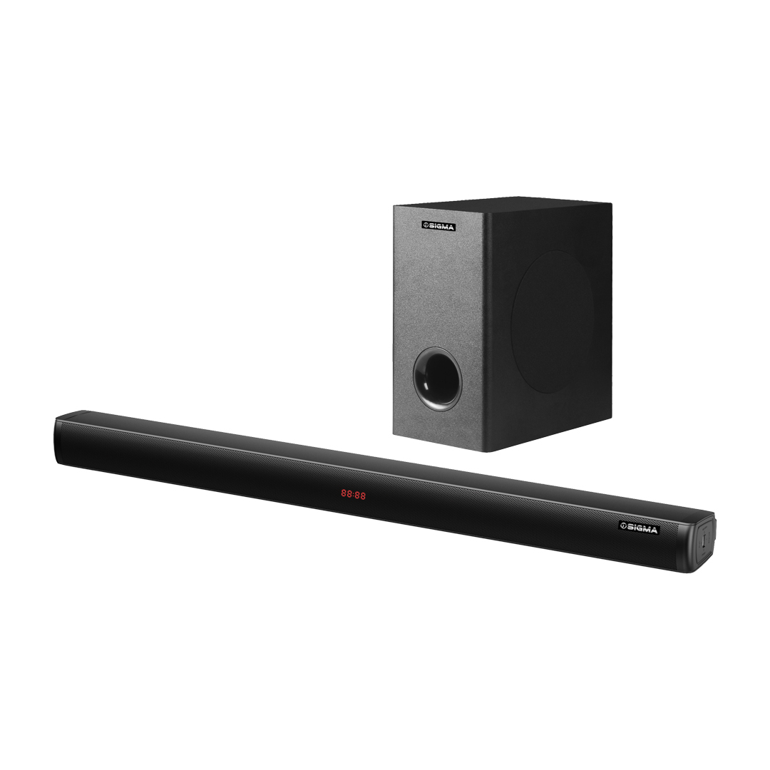 Black Sigma soundbar with a red LED display beside a matching black subwoofer cabinet with a front port