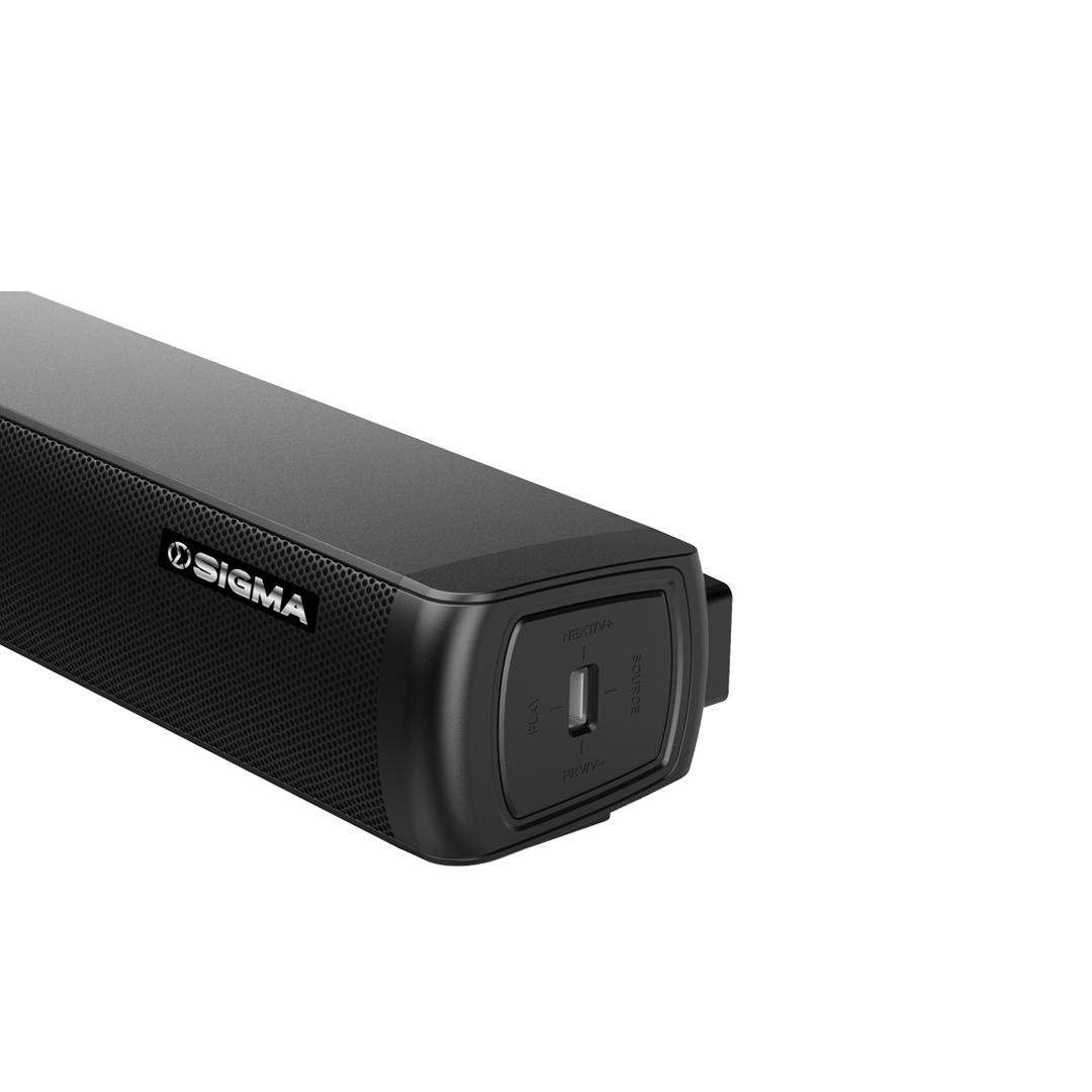 Close-up of the right end of the soundbar showing the Sigma badge, a USB port and buttons marked Play, Source, Next/V+ and Prev/V-