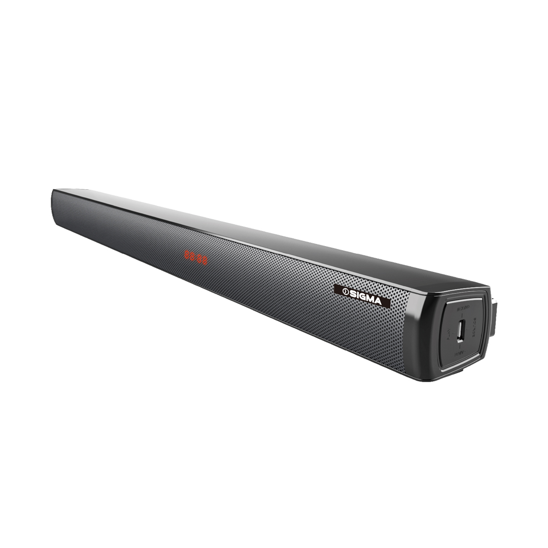 Angled view of the full black soundbar showing the perforated front grille, red display and end control panel