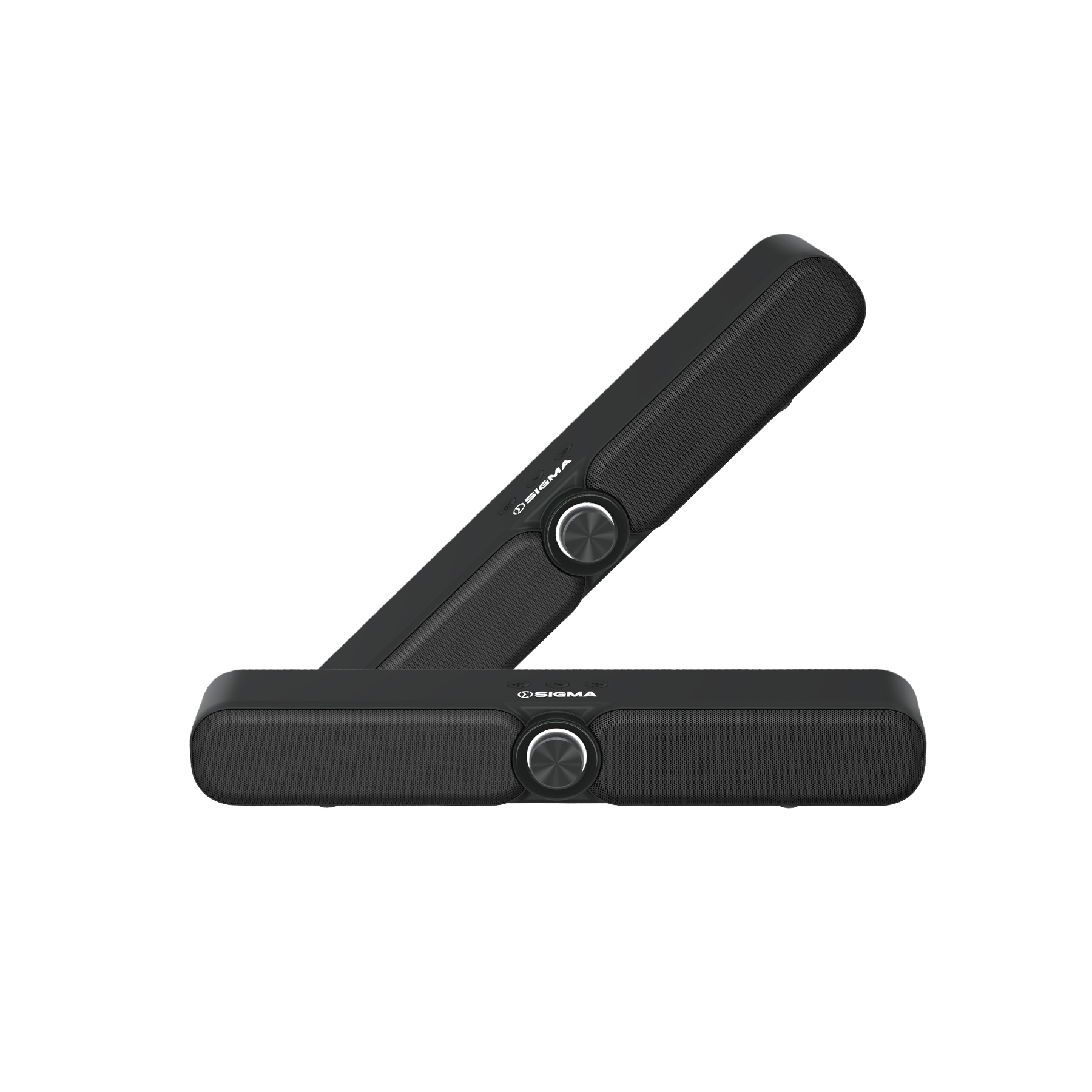 Two black Sigma mini soundbars on a white background, one lying flat and one propped at an angle, showing fabric grilles, a row of small buttons on the top edge and a round dial in the centre