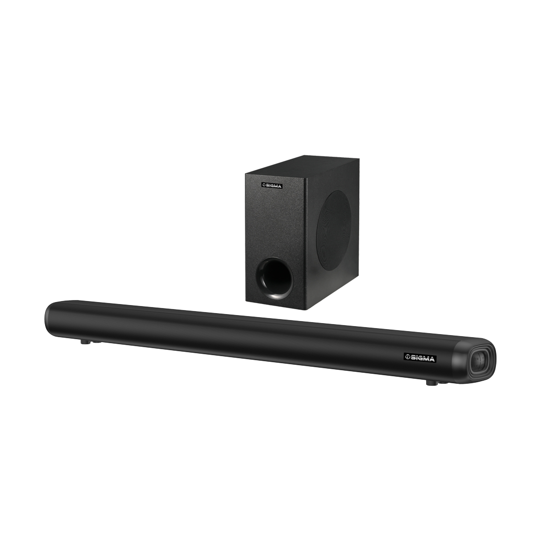 Black Sigma soundbar in front of a square black subwoofer with a front port and a side driver