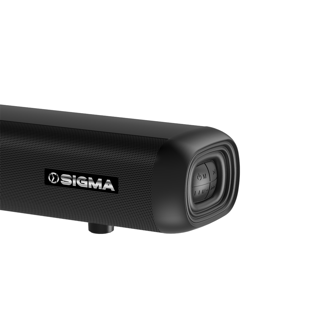 Close up of the right end of the soundbar showing the Sigma badge on the mesh grille and a raised cluster of buttons marked with power, M, play and volume symbols