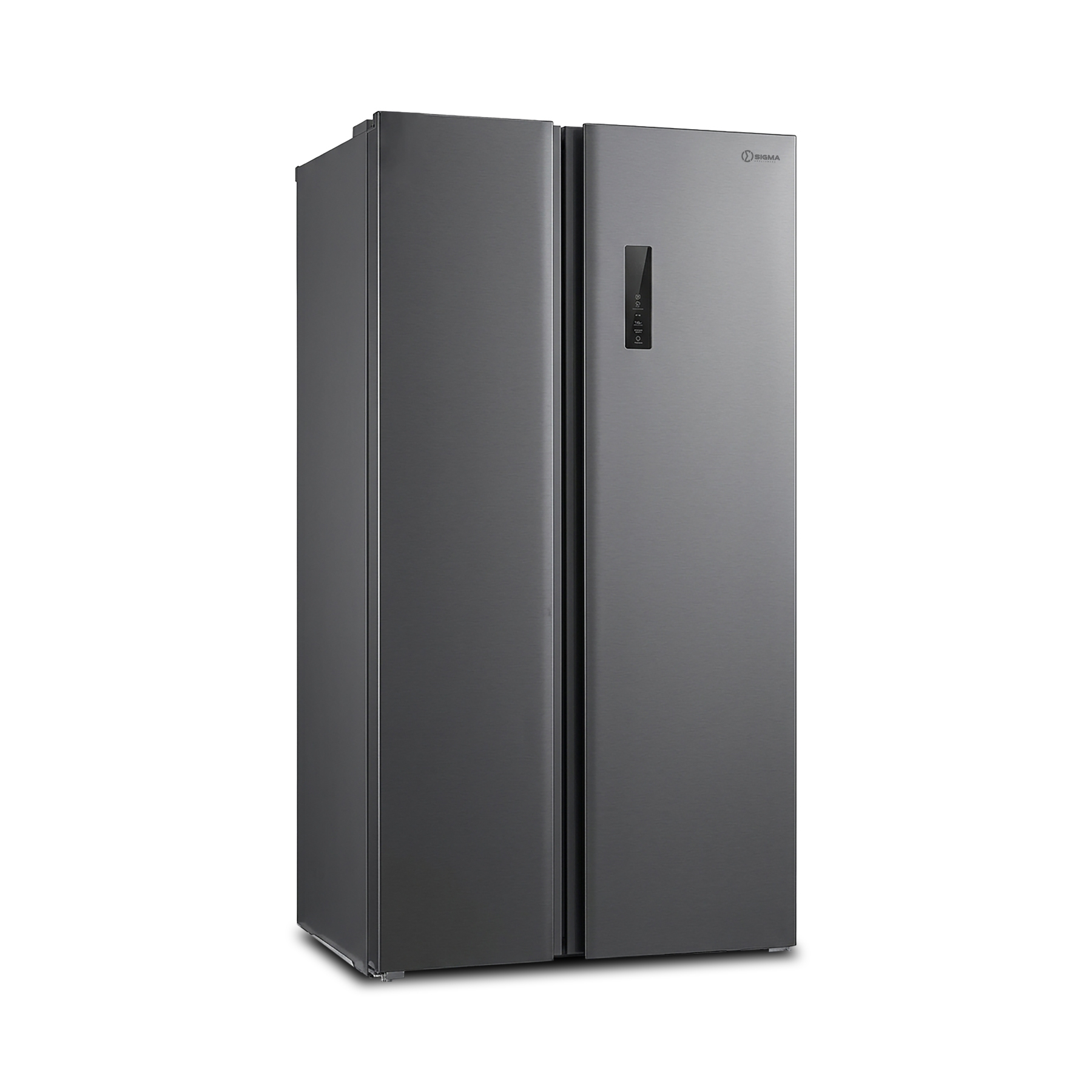 Sigma SSBS-T520 side by side fridge in dark inox, front three quarter view with both doors closed and a slim dark control panel on the right hand door