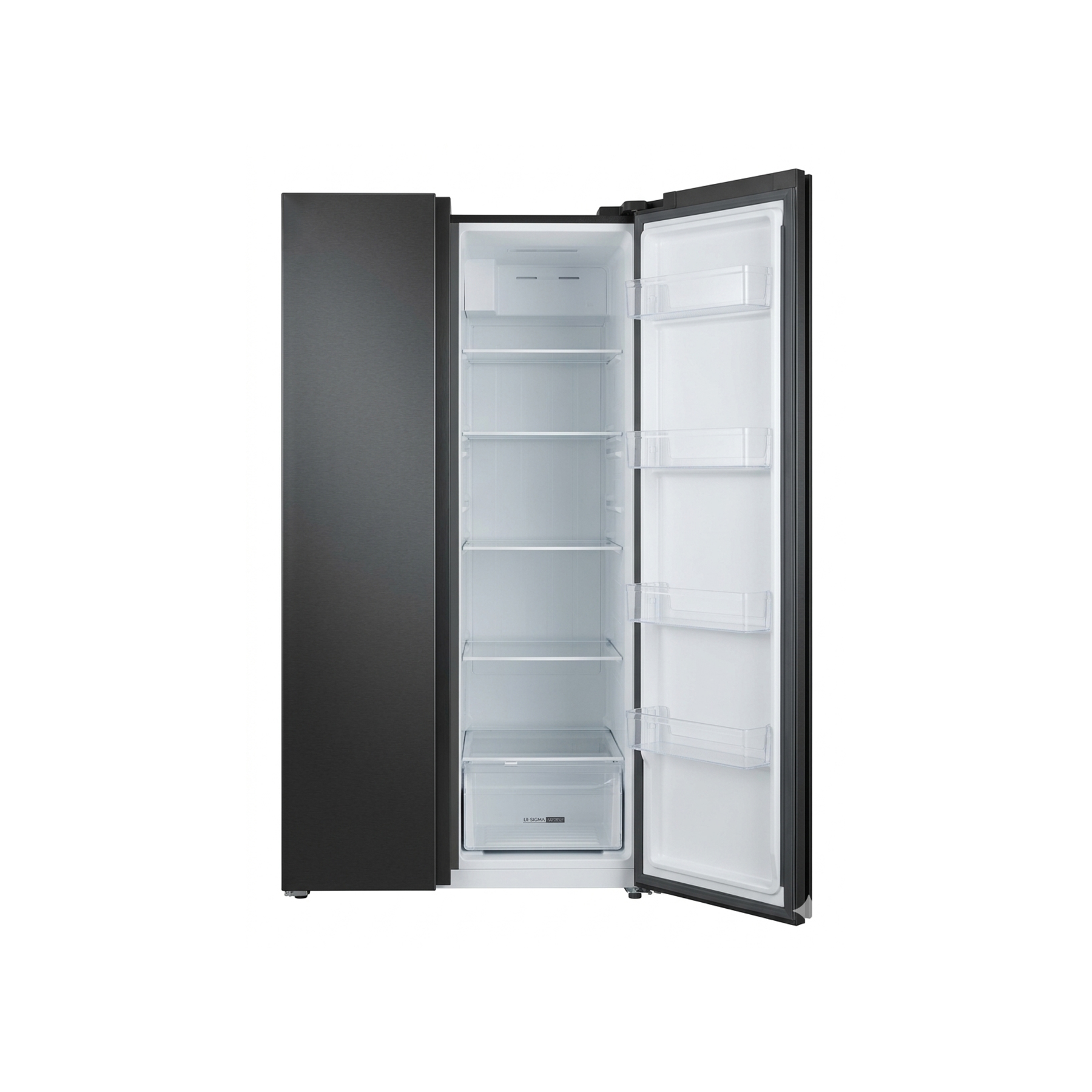 One door of the Sigma side by side fridge held open, showing a white interior with glass shelves, a covered compartment at the top, four clear door bins and a drawer at the base