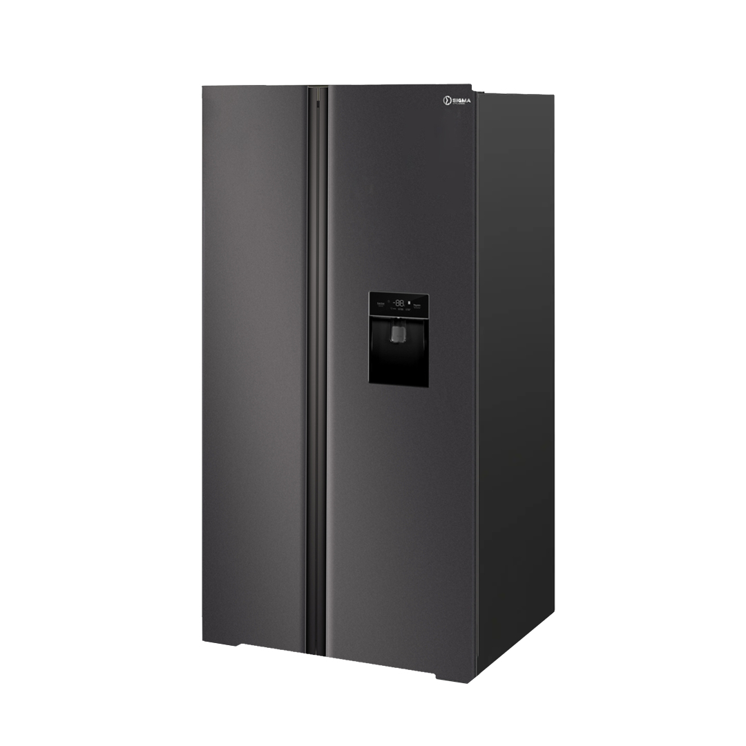 Angled view of the dark inox side by side fridge freezer, showing the flush recessed handle down the centre and the dispenser on the right door