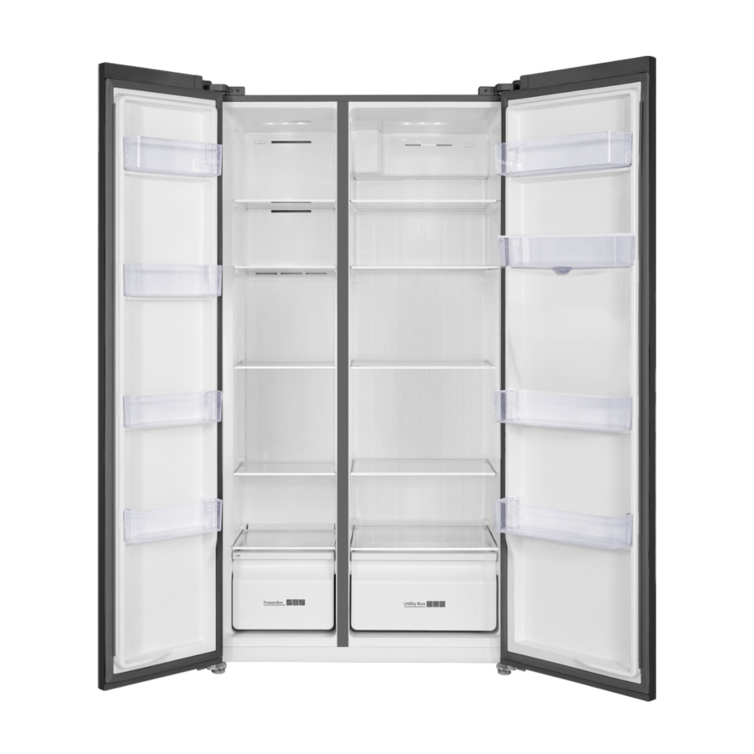 Both doors open, showing glass shelves in each compartment, four clear bins in each door, and two lidded drawers at the base marked Freeze Box and Utility Box
