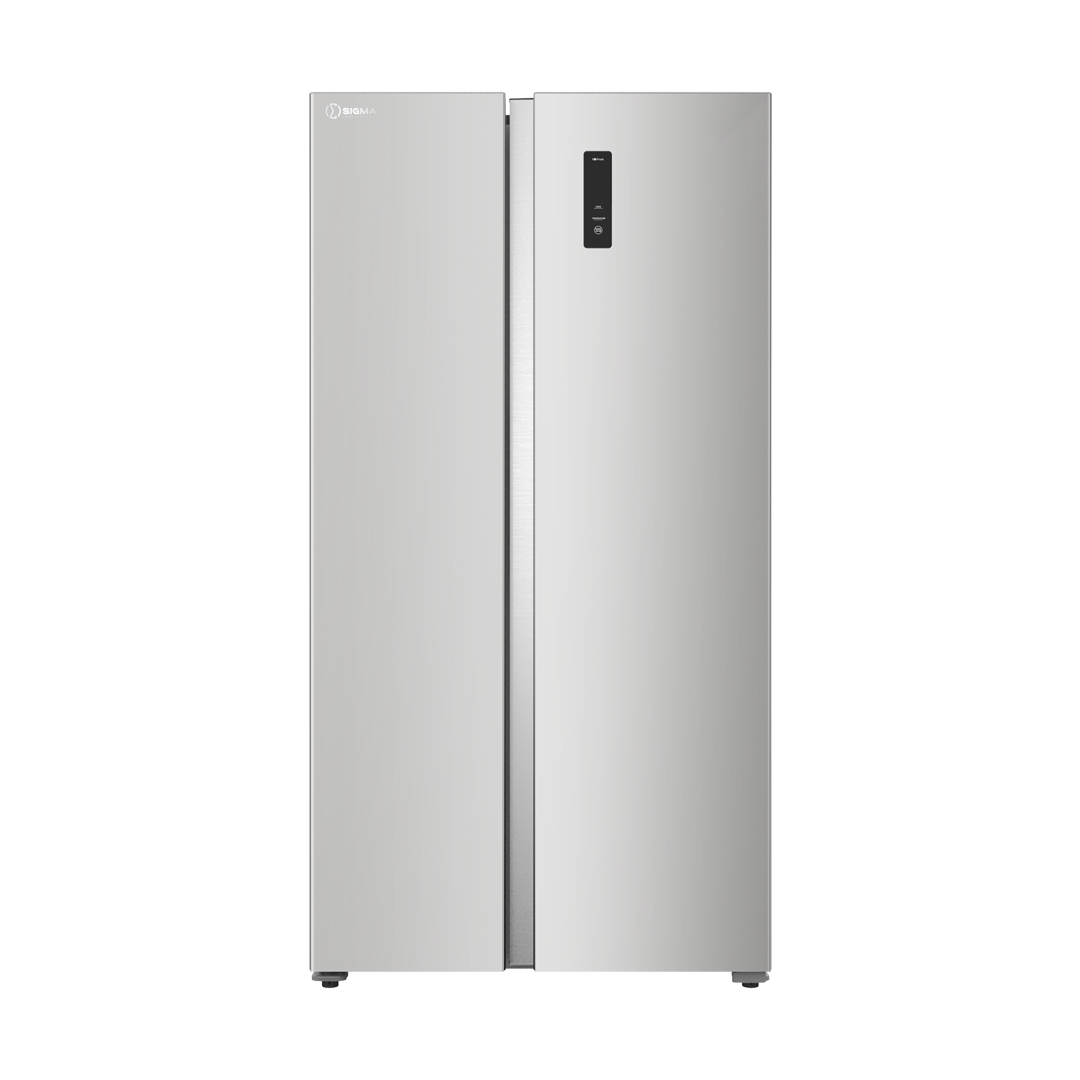 Front view of the silver SIGMA SSBSF-A550W refrigerator with two full-height doors and a black touch panel