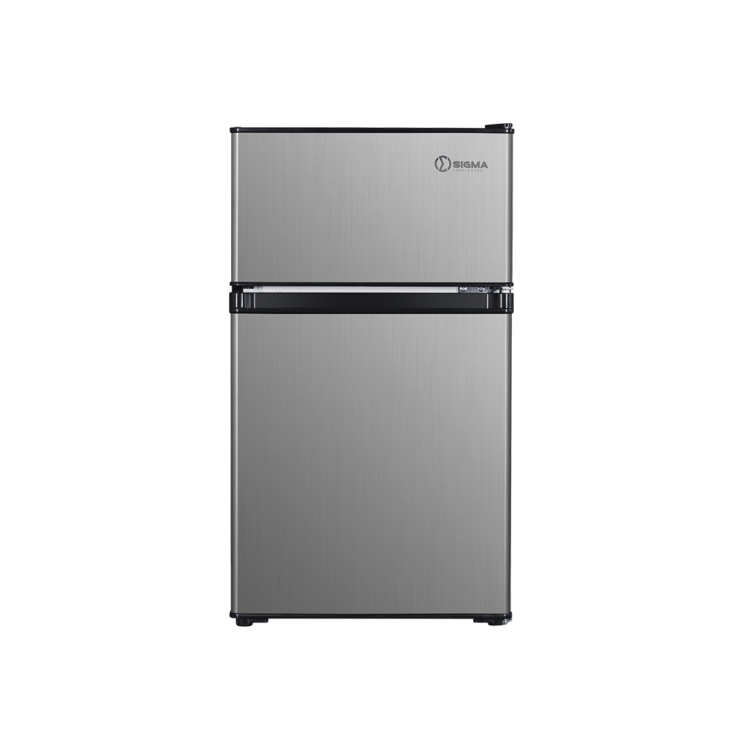 Front view of the Sigma STDF-133F fridge with a short upper door and a taller lower door, both in brushed silver, separated by a black bar