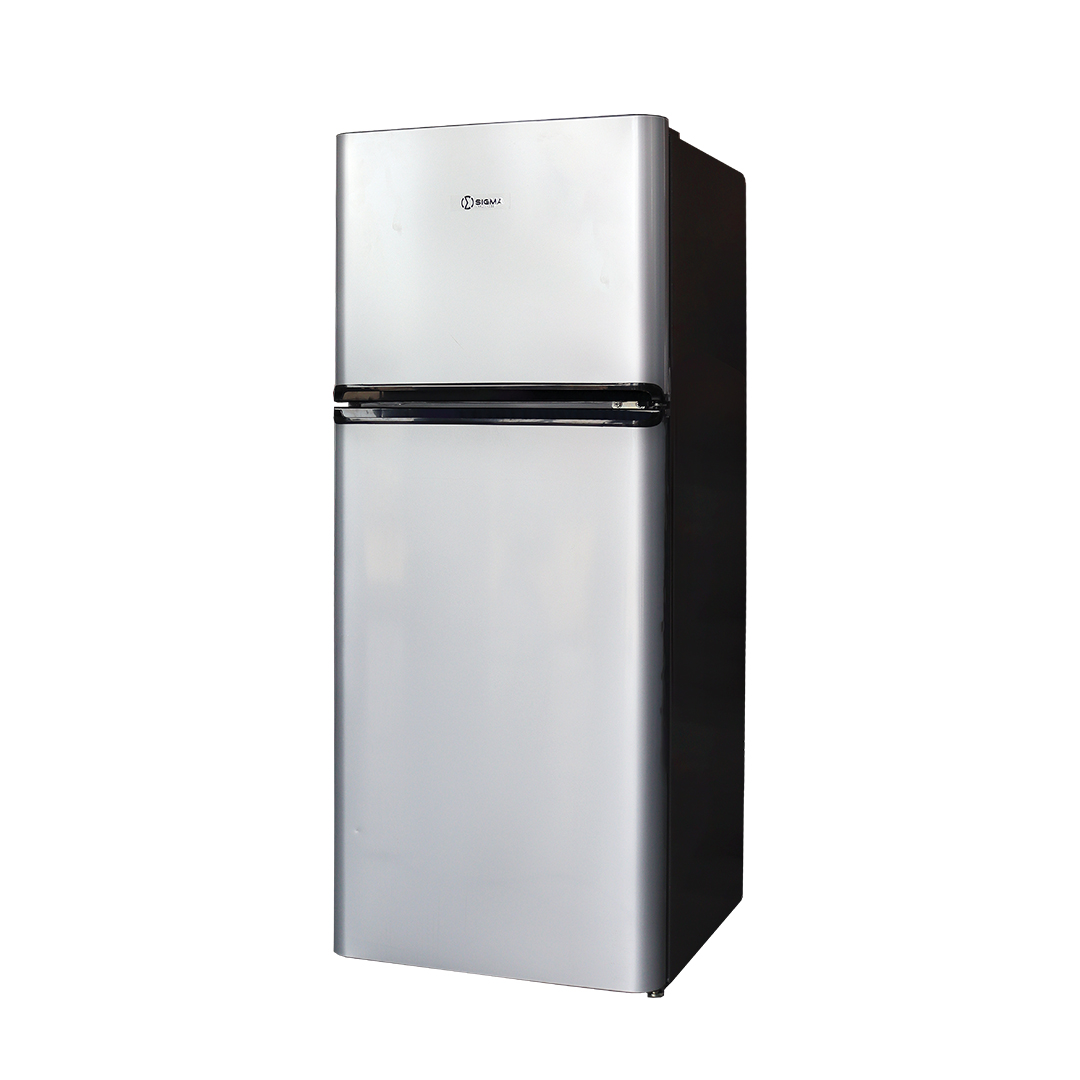 Sigma STDF-140 top mount fridge photographed at an angle, silver doors with black side panels and a black handle strip between the two doors