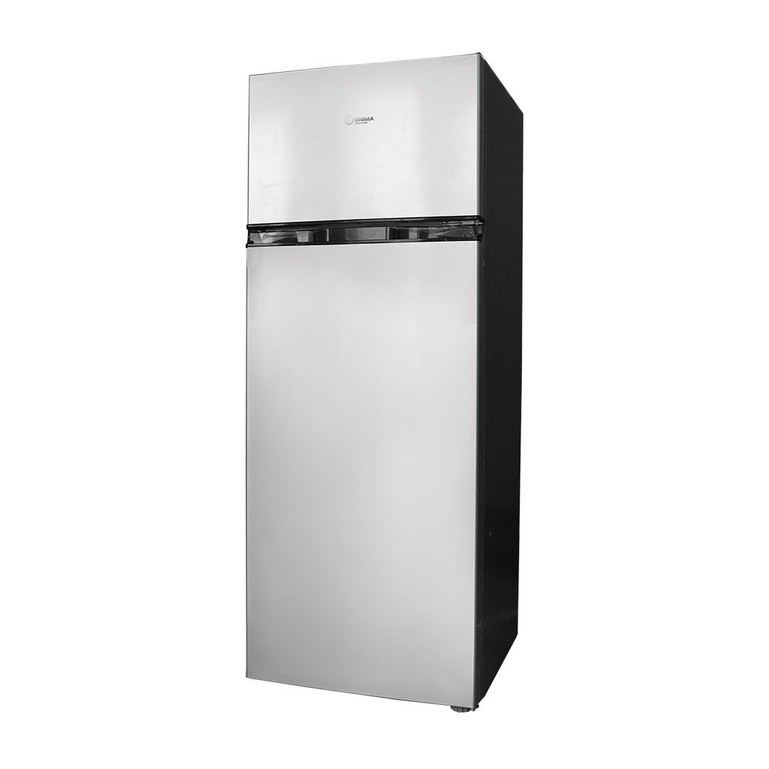 Sigma STDF-220 top mount fridge freezer seen at an angle, silver doors with a black side panel and a recessed handle strip between the two doors