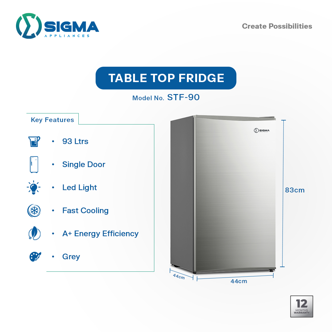Sigma information card for the STF-90 listing 93 litres, single door, LED light, fast cooling, A+ energy efficiency and grey, with the cabinet marked 83cm high, 44cm wide and 44cm deep