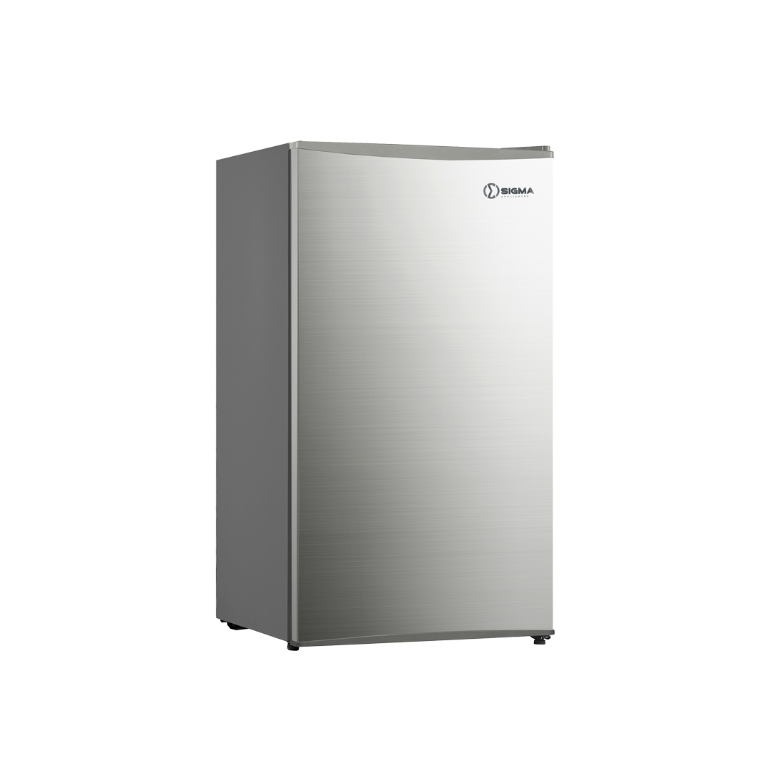 Sigma STF-90 table top fridge photographed at an angle, showing the brushed grey single door and small feet at the base