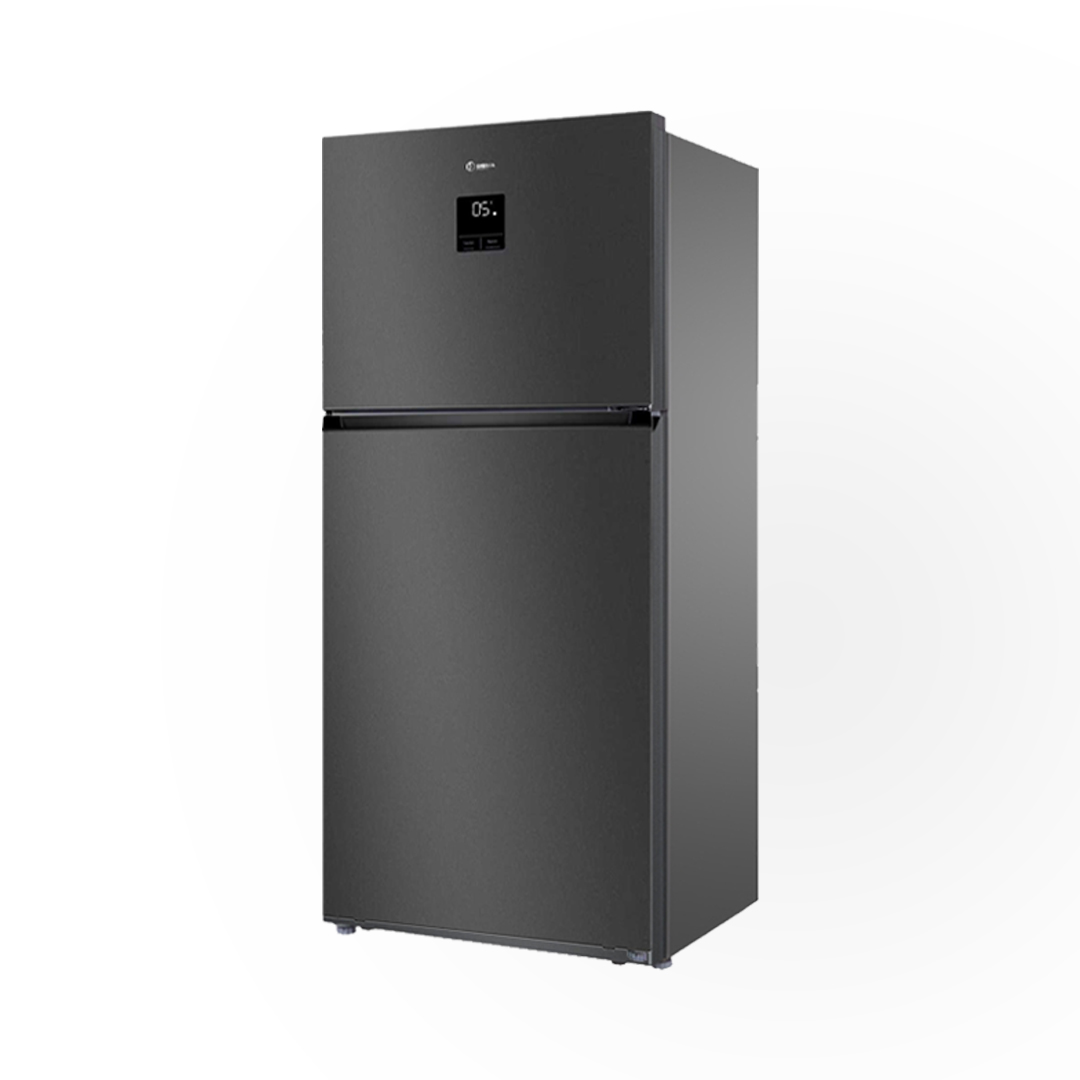 Sigma STFM-T650I top mount fridge freezer in dark inox, shown at an angle with the freezer door on top and a small lit display panel