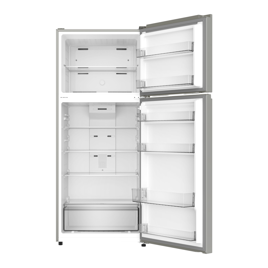 Both doors open showing the lit interior: a shelf and two door bins in the top freezer, four glass shelves, a clear drawer at the bottom and bins along the fridge door