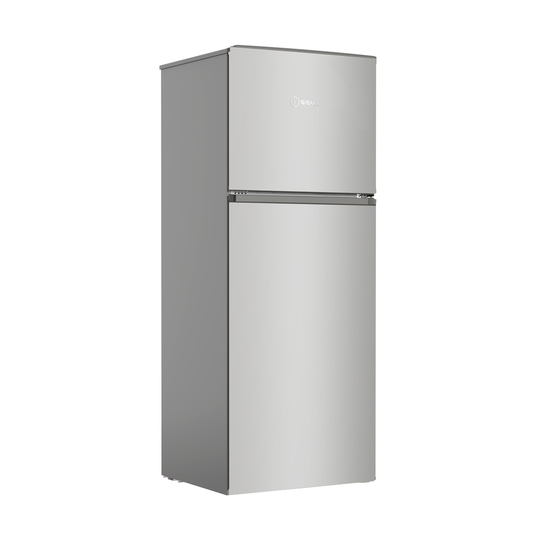 Silver Sigma top mount fridge freezer photographed from a front three quarter angle, doors closed, with the Sigma badge on the upper door