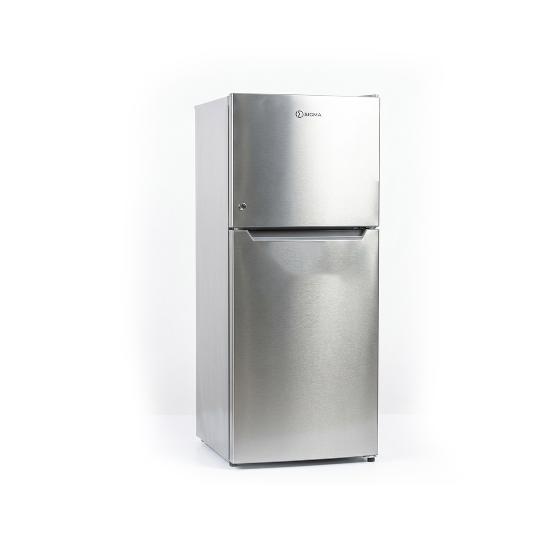 Silver Sigma top mount fridge seen at an angle, freezer door above with the Sigma badge and a small round keyhole, fridge door below with a recessed bar handle