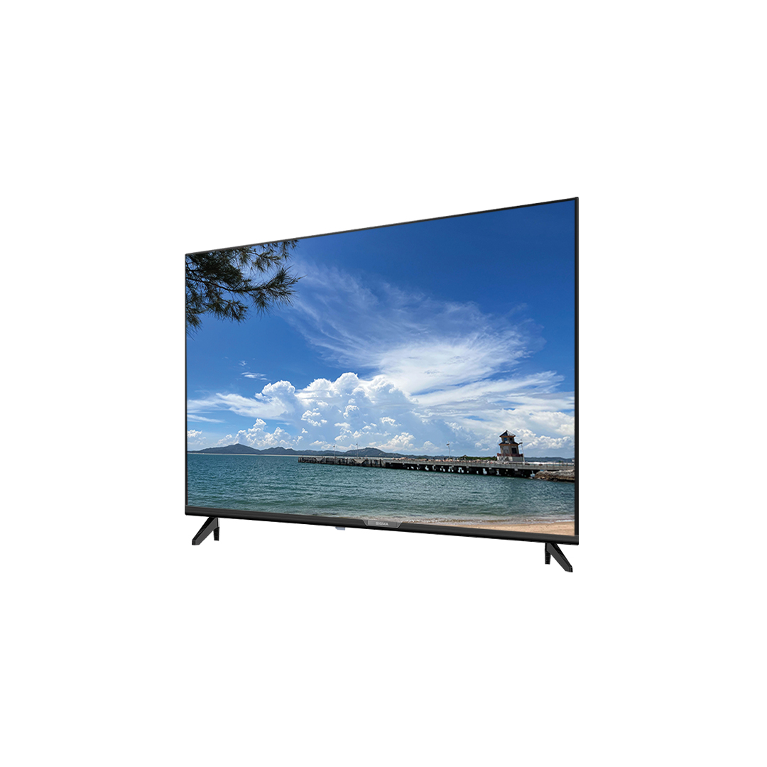 Sigma 32 inch television photographed from an angle, showing the thin black border around the screen and the two splayed feet