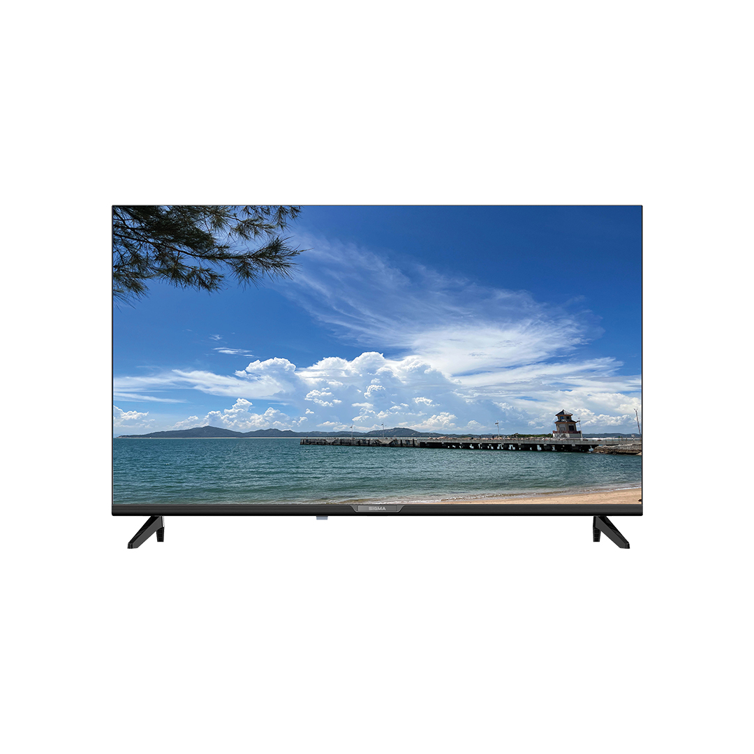Sigma 32 inch television seen from the front on two angled black feet, showing a beach and sky on screen