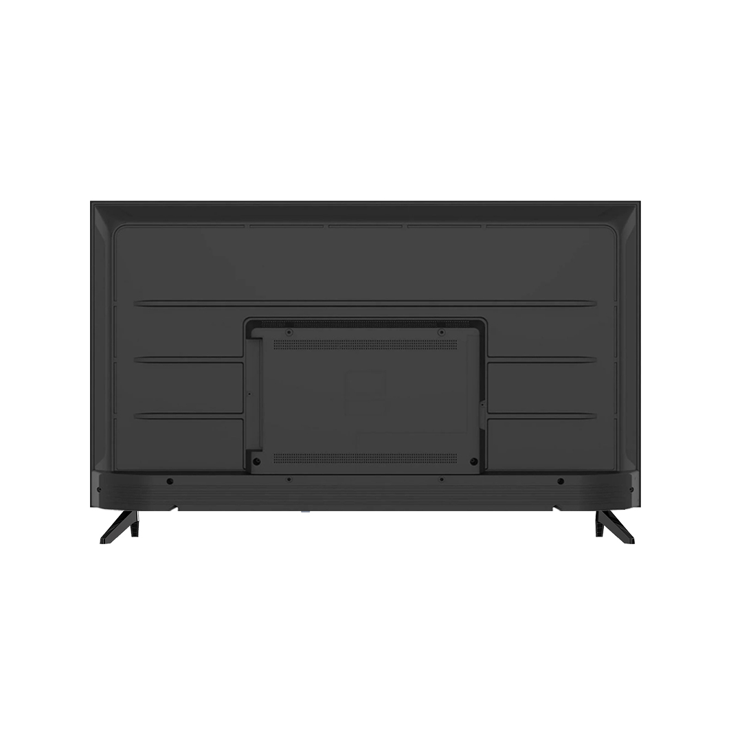 Rear view of the black TV cabinet with a central mounting plate and the two feet fitted