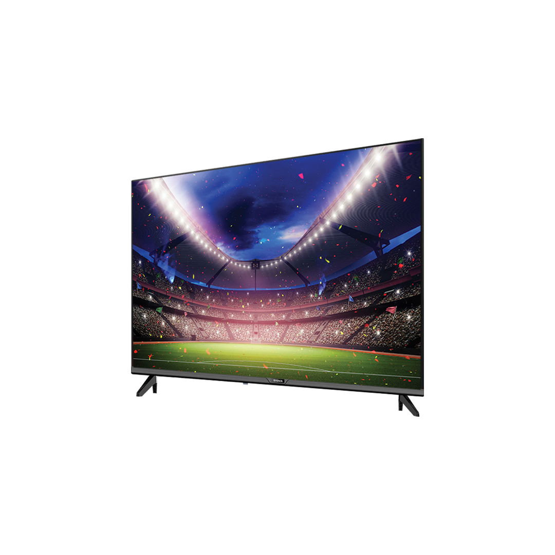 Sigma 43 inch television viewed from an angle, showing a stadium image on screen and two black splayed feet