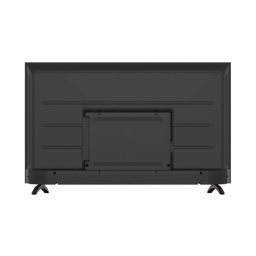 Rear view of the television showing the recessed mounting plate with four screw holes and ventilation slots