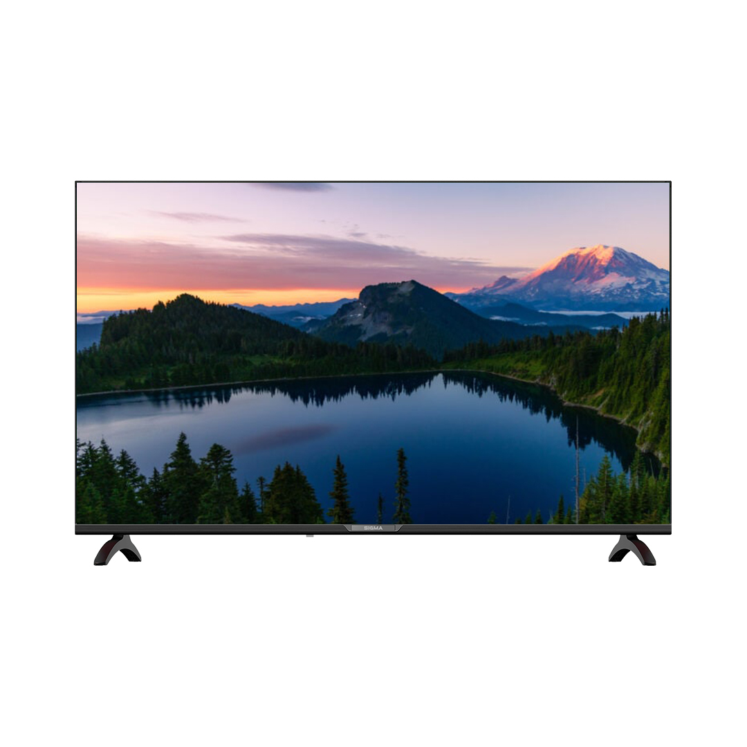 Sigma 55 inch QLED television seen straight on, showing a mountain and lake scene, standing on two dark V shaped metal feet