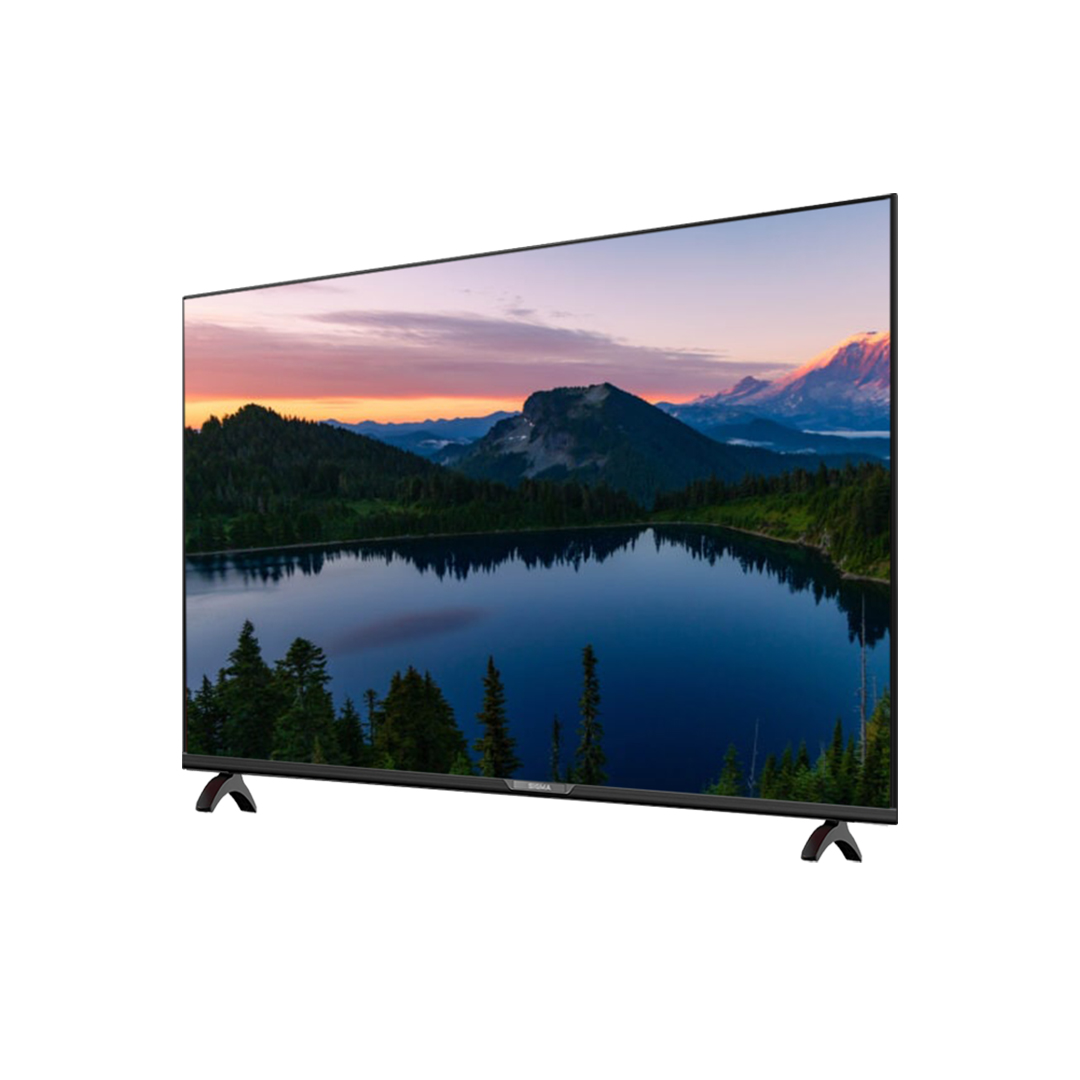 Sigma 55 inch QLED television at a three quarter angle on two V shaped metal feet, showing a lake and mountain scene