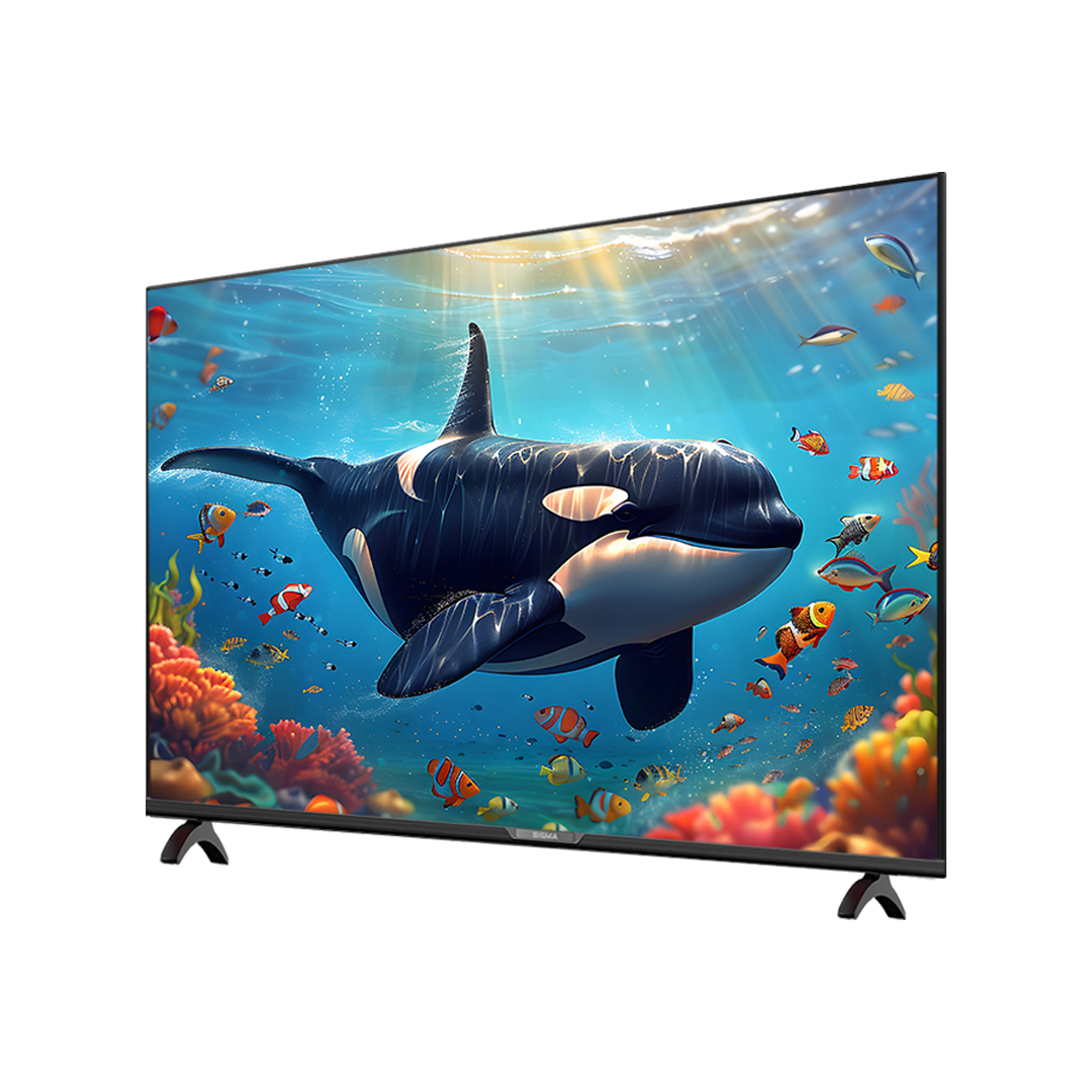 Sigma 65 inch QLED television seen from an angle on its two black metal feet