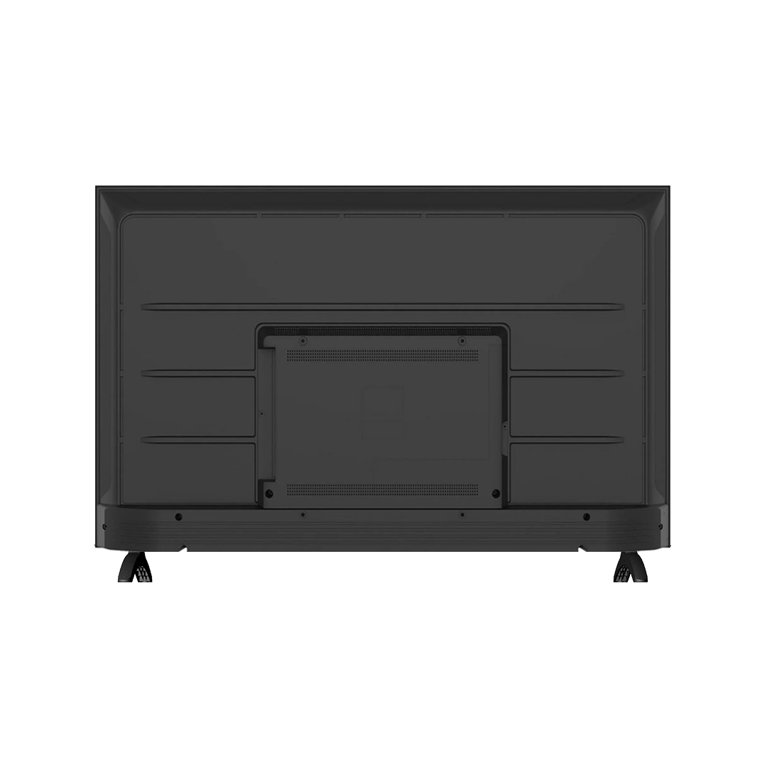 Rear view of the black TV showing a plain back panel with a recessed central mounting area and screw holes