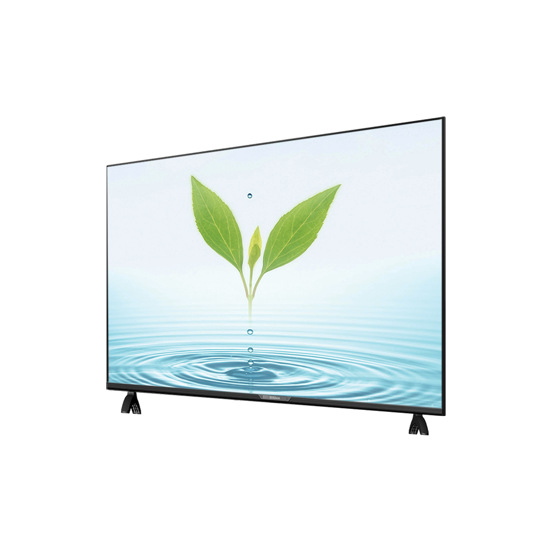 The Sigma TV at a three-quarter angle, showing the thin black bezel and the two splayed feet at the outer corners